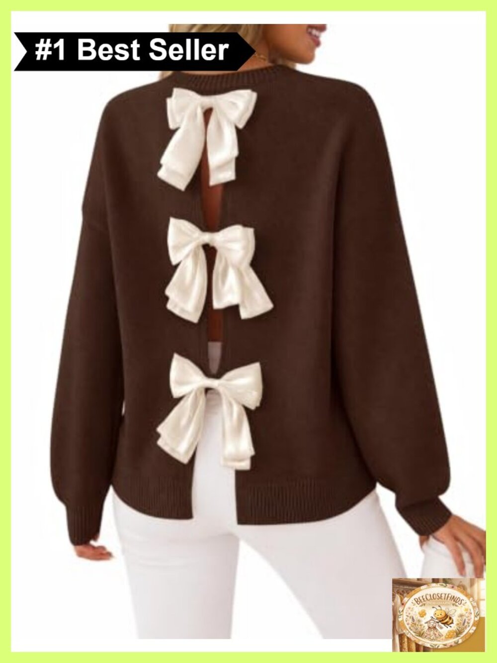 Oversized Bow Back Sweater Open Back Cutout Pullover Long Sleeve Crew Neck